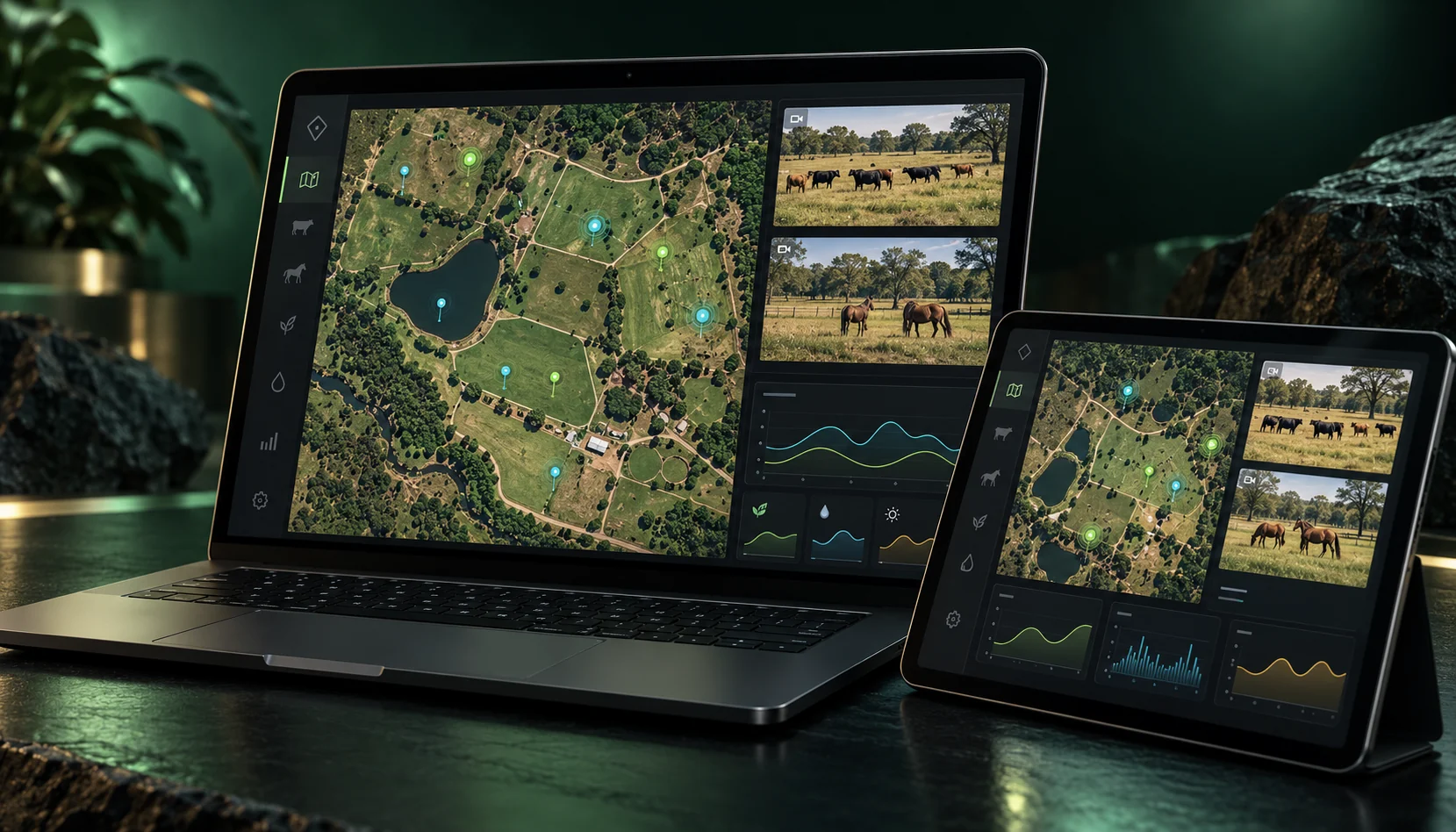 Illustrative Abjad monitoring screens with a property map and livestock camera views