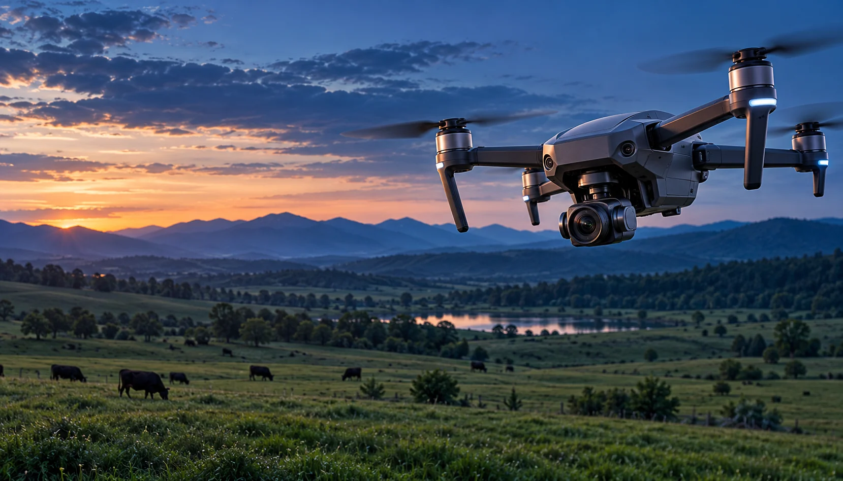 A monitoring drone flying above a ranch at dusk