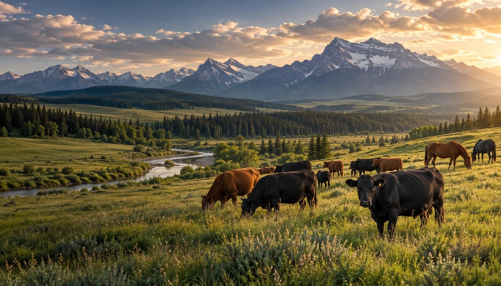 Cattle and horses grazing in a sunlit foothills pasture